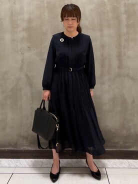 「grove（グローブ）の◆【手洗いOK】シフォンプリーツワンピース（ワンピース、ブルー系）」を使った、すえさん（レディース・158cm）の冬コーディネート