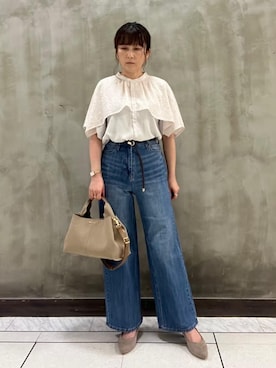 「grove（グローブ）の【美シルエット/選べる着丈】大人のためのバギーデニム（デニムパンツ、ブルー系）」を使った、すえさん（レディース・158cm）の秋コーディネート