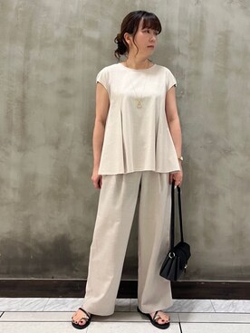 「grove（グローブ）のすっきり見え　ペプラムフレンチスリーブカットソー（Tシャツ/カットソー、ベージュ系）」を使った、すえさん（レディース・158cm）の夏コーディネート