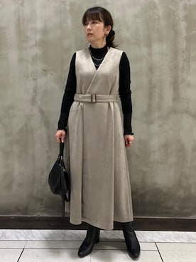 「grove（グローブ）の【2WAY】スウェード調ジレワンピース（ワンピース、ブラウン系）」を使った、すえさん（レディース・158cm）の秋コーディネート