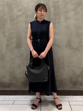「grove（グローブ）の【低身長さんも選べる着丈・洗濯機◎】プリーツベルトワンピース（ワンピース、ブルー系）」を使った、すえさん（レディース・158cm）の夏コーディネート