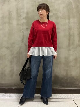 「grove（グローブ）の裾レイヤードニットプルオーバー（ニット/セーター、レッド系）」を使った、すえさん（レディース・158cm）の秋コーディネート