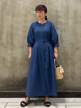 「grove（グローブ）の麻調メッシュラグランスリーブワンピース（ワンピース、ブルー系）」を使った、すえさん（レディース・158cm）の春コーディネート