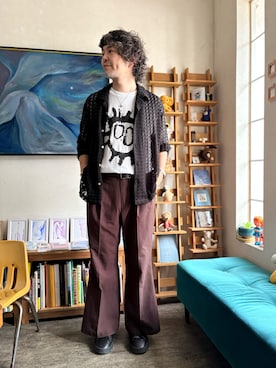 「bonjour records（ボンジュールレコーズ）のPrimal Scream/プライマル・スクリーム for bonjour records Official T-shirt（Tシャツ/カットソー、ホワイト系）」を使った、ritmosさん（メンズ・168cm）の夏コーディネート