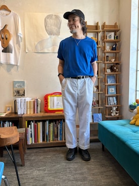 「MR.OLIVE（ミスターオリーブ）のアイテム（Tシャツ/カットソー、ブルー系）」を使った、ritmosさん（メンズ・168cm）の夏コーディネート