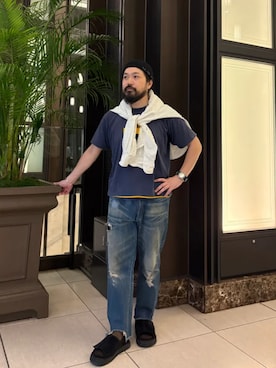 「Clarks（クラークス）のSolsbury Slide / ソルスブリースライド (ブラックスエード)（サンダル、ブラック系）」を使った、Clarks Japanさん（レディース・153cm）の夏コーディネート