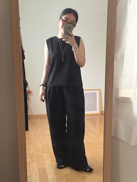 「しまむら（シマムラ）のアイテム（Tシャツ/カットソー、ブラック系）」を使った、sakunoclosetさん（レディース・156cm）の夏コーディネート