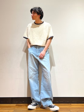 「URBAN RESEARCH Sonny Label（アーバンリサーチサニーレーベル）の『別注』RED KAP×Sonny Label　ワイドデニムパンツ（デニムパンツ、ブルー系）」を使った、ktrrrrrさん（メンズ・168cm）の春コーディネート