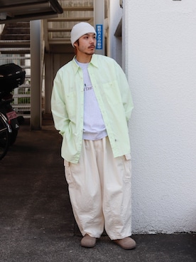 「Whimsy（ウィムジー）のWhimsy / ウィムジー Fine Gauge Beanie（ニットキャップ/ビーニー、グレー系）」を使った、YOSHIMURAさん（メンズ・170cm）の春コーディネート