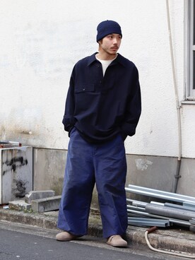 「WISM（ウィズム）のGARBAGE / ガーベッジ INSIDE OUT CUFF BEANIE（ニットキャップ/ビーニー、ブルー系）」を使った、YOSHIMURAさん（メンズ・170cm）の春コーディネート