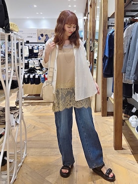 「GLOBAL WORK（グローバルワーク）のGOODデニムバレルパンツ/600980（デニムパンツ、ブルー系）」を使った、K・Nさん（レディース・161cm）の春コーディネート