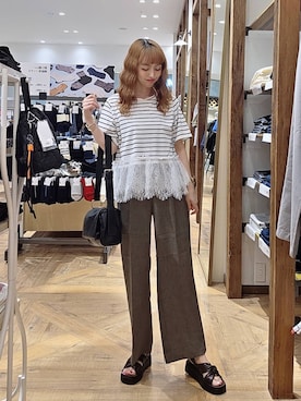 「GLOBAL WORK（グローバルワーク）のスッキリイージーパンツ/629832（その他パンツ、ブラウン系）」を使った、K・Nさん（レディース・161cm）の夏コーディネート