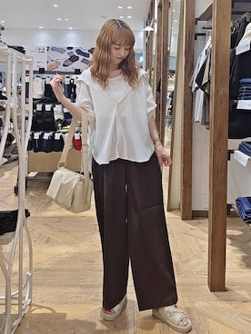 「GLOBAL WORK（グローバルワーク）のノンストレスリッチワイドパンツ/632962（その他パンツ、ブラウン系）」を使った、K・Nさん（レディース・161cm）の夏コーディネート