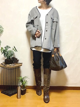 「Right-on（ライトオン）のアイテム（ノーカラージャケット）」を使った、ema.さん（レディース・166cm）の秋コーディネート