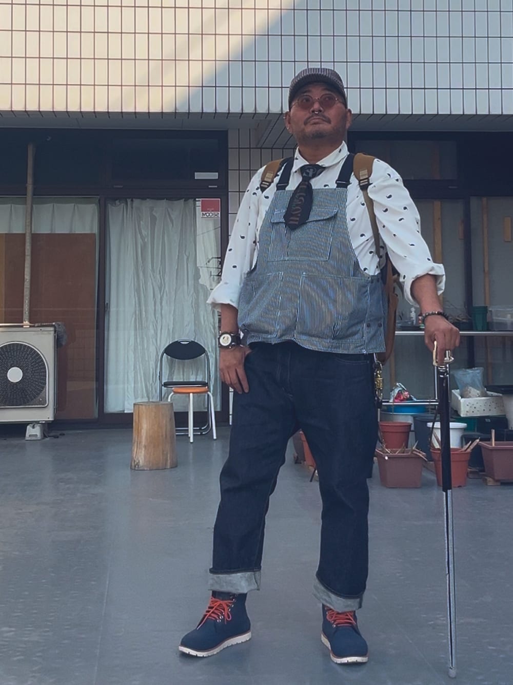 「春夏コーデ、おじさん、デブでもオシャレ、デブですがなにか？、メガネおやじ、杖」｜「木梨サイクルのアイテム（キャップ、その他）」を使った、メルヘン翁さん（メンズ・178cm）の春コーディネートの1枚目の写真
