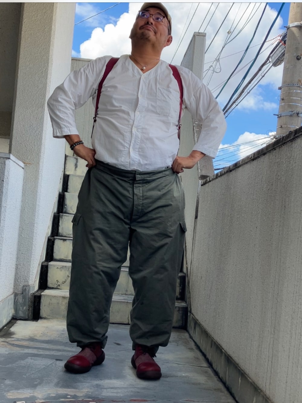 「おじさんコーデ、おじさんだって服が好き、オジかわ、デブでもオシャレ、デブでもオシャレしたい、デブですがなにか？、和テイスト、和風コーデ、デブコーデ」｜「江戸一の鯉口のアイテム（その他トップス、ホワイト系）」を使った、メルヘン翁さん（メンズ・178cm）の秋コーディネートの1枚目の写真