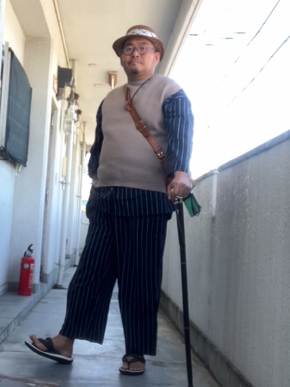 「春夏コーデ、メンズコーデ、デブでもオシャレ、デブですがなにか？、メガネおやじ、和風ミックス」｜「甚平のパンツのアイテム（その他パンツ、ブルー系）」を使った、メルヘン翁さん（メンズ・178cm）の春コーディネートの1枚目の写真