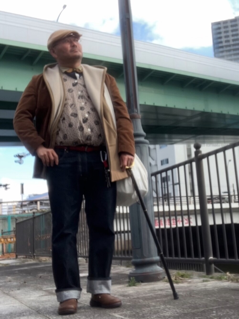 「大人カジュアル、メンズファッション、和風ミックス、デブでもオシャレしたい、デブですがなにか？」｜「CUNEのアイテム（デニムパンツ、ブルー系）」を使った、メルヘン翁さん（メンズ・178cm）の春コーディネートの1枚目の写真