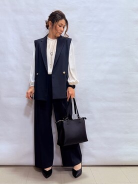 「SHOO・LA・RUE（シューラルー）の【セットアップ可/S-LL/洗濯機可】サッと羽織ってこなれ見え ダブルブレストジレ（ベスト、ブルー系）」を使った、fuuさん（レディース・156cm）の冬コーディネート