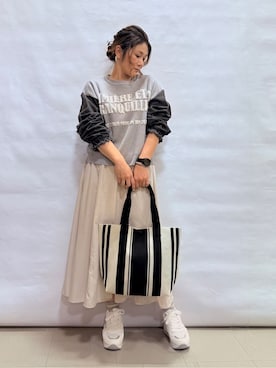 「SHOO・LA・RUE（シューラルー）のデニム袖切替ロゴニット（ニット/セーター、グレー系）」を使った、fuuさん（レディース・156cm）の冬コーディネート