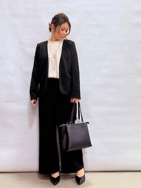 「SHOO・LA・RUE（シューラルー）の【洗濯機可/セットアップ可/S-3L】きちんと楽に。カットジョーゼットノーカラージャケット（ノーカラージャケット、ブラック系）」を使った、fuuさん（レディース・156cm）の冬コーディネート