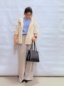 「SHOO・LA・RUE（シューラルー）の【毛玉になりにくい/洗濯機可/S-LL】お袖パールの上品ニット（ニット/セーター、ブルー系）」を使った、fuuさん（レディース・156cm）の冬コーディネート