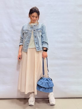 「SHOO・LA・RUE（シューラルー）の【SHOO・LA・RUE DENIM/S-LL/高レビュー】大人のための ノーカラーデニムジャケット（デニムジャケット、ブルー系）」を使った、fuuさん（レディース・156cm）の冬コーディネート