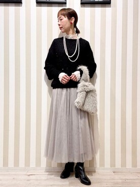「SHOO・LA・RUE（シューラルー）の【洗濯機可/S-LL】上品にキラリと華やぐ スパンコールニット（ニット/セーター、ブラック系）」を使った、masuyo1219さん（レディース・163cm）の冬コーディネート