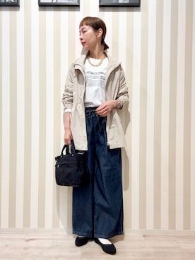 「SHOO・LA・RUE（シューラルー）の【防花粉/S-LL】ウエストマークですっきり見え　軽やかスタンドブルゾン（ブルゾン、ベージュ系）」を使った、masuyo1219さん（レディース・163cm）の春コーディネート