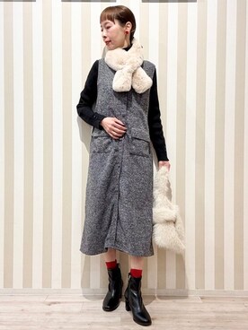 「DRESKIP（ドレスキップ）の【S-LL】甘すぎない大人のツイード調ジャンスカ（ワンピース、ブラック系）」を使った、masuyo1219さん（レディース・163cm）の冬コーディネート
