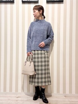 「DRESKIP（ドレスキップ）の【S-LL】ほんのりラメで女性らしい ベロアモールモックネックニット（ニット/セーター、ブルー系）」を使った、masuyo1219さん（レディース・163cm）の秋コーディネート