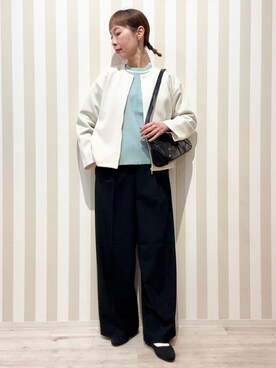 「SHOO・LA・RUE（シューラルー）の【セットアップ可/S-LL/なめらかタッチ】大人のきれいめスタイルに ノーカラージップブルゾン（ブルゾン、ホワイト系）」を使った、masuyo1219さん（レディース・163cm）の冬コーディネート