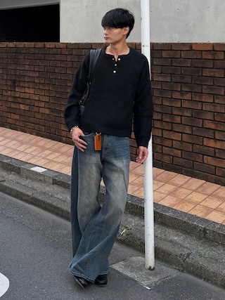「ANDER HUNK(アンダーハンク)のMetal Henry neck Thermal Knit /メタルヘンリーネックサーマルニット(ニット/セーター)」を使った、中村瑞輝(みずきち)さん(メンズ・176cm)の秋コーディネート