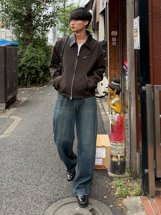「SINSS(シンス)のWashed straight denim / ウォッシュストレートデニム(デニムパンツ)」を使った、中村瑞輝(みずきち)さん(メンズ・176cm)の秋コーディネート