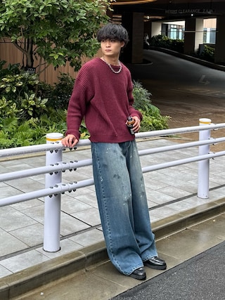 「Rocky Monroe（ロッキーモンロー）のオーバーサイズ畦編みクルーネックニットセーター（ニット/セーター）」を使った、中村瑞輝(みずきち)さん（メンズ・176cm）の秋コーディネート