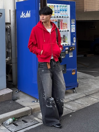 「soerte（ソエルテ）のHeavy weight double zip-up hoodie /ヘビーウェイトダブルジップフーディー（パーカー）」を使った、中村瑞輝(みずきち)さん（メンズ・176cm）の秋コーディネート