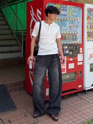 「SINSS(シンス)のRib henley HS T-shirt / リブヘンリーショートスリーブTシャツ(Tシャツ/カットソー)」を使った、中村瑞輝(みずきち)さん(メンズ・176cm)の夏コーディネート