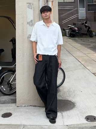 「LANDNESS(ランドネス)の【LANDNESS/ランドネス】DRY BOUCLE SKIPPER KNIT POLO/ドライ ブークレ スキッパー ニットポロ(ポロシャツ)」を使った、中村瑞輝(みずきち)さん(メンズ・176cm)の夏コーディネート