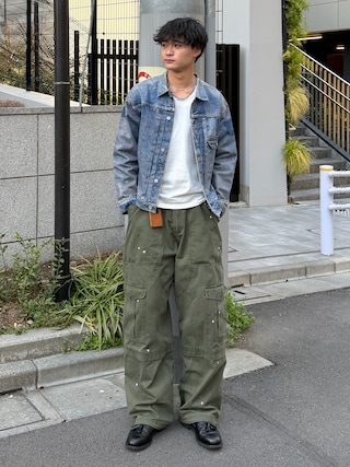 「AAKAM(アーカム)のPainted Military Cargo Pants (Khaki)(その他パンツ)」を使った、中村瑞輝(みずきち)さん(メンズ・176cm)の春コーディネート