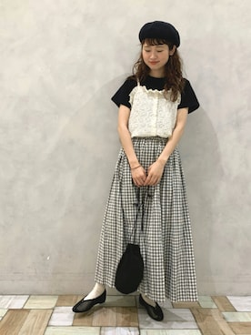 「POU DOU DOU（プードゥドゥ）のチェック柄プリーツスカート（スカート、ブラック系）」を使った、kondoさん（レディース・156cm）の夏コーディネート