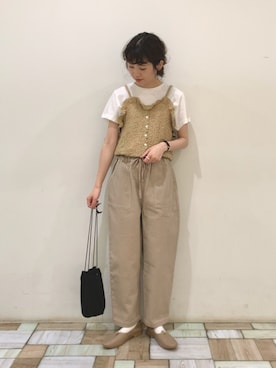 「POU DOU DOU（プードゥドゥ）のシャーリングキャミソール×Tシャツセット（Tシャツ/カットソー、ベージュ系）」を使った、kondoさん（レディース・156cm）の夏コーディネート