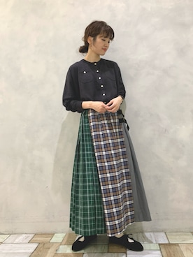 「POU DOU DOU（プードゥドゥ）のキルト風プリーツスカート（スカート、ブルー系）」を使った、kondoさん（レディース・156cm）の秋コーディネート