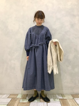 「POU DOU DOU（プードゥドゥ）のホスピタルワンピース（ワンピース、ブルー系）」を使った、kondoさん（レディース・156cm）の冬コーディネート