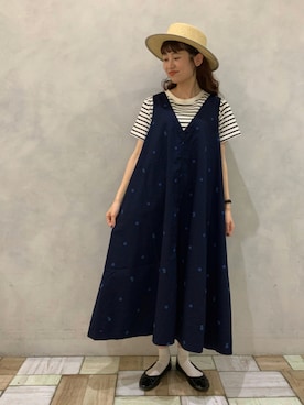 「カンカン帽」｜「アイテム（ジャンパースカート）」を使った、kondoさん（レディース・156cm）の夏コーディネート