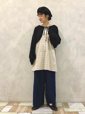 「POU DOU DOU（プードゥドゥ）のハイウエストワークパンツ（デニムパンツ、ブルー系）」を使った、kondoさん（レディース・156cm）の秋コーディネート