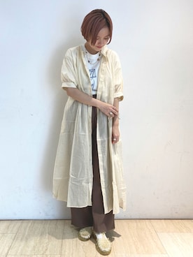 「POU DOU DOU（プードゥドゥ）のシアーコットンフリル襟ワンピース（ワンピース、ホワイト系）」を使った、kato さん（レディース・157cm）の夏コーディネート