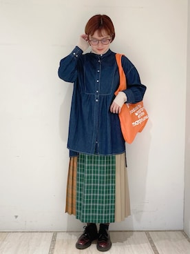 「POU DOU DOU（プードゥドゥ）のキルト風プリーツスカート（スカート、グリーン系）」を使った、kato さん（レディース・157cm）の冬コーディネート