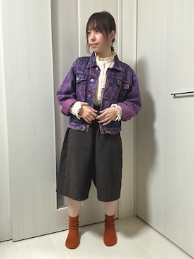 「アイテム（デニムジャケット、ピンク系）」を使った、ちぃまゆちゃんさん（レディース・154cm）の春コーディネート