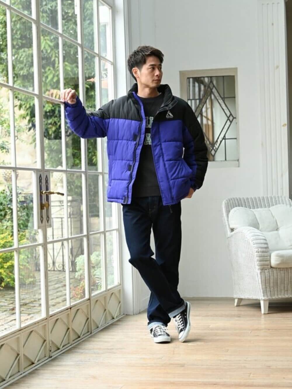 「スウェット、スタジャン、冬コーデ、penfield、マックハウス、discus、Machouse」｜「Mac-HouseのPenfield ペンフィールド 撥水 2トーン中綿スタンドジャケット（スタジャン、パープル系）」を使った、マックハウスZOZOスタイリスト メンズさん（メンズ・178cm）の冬コーディネートの1枚目の写真