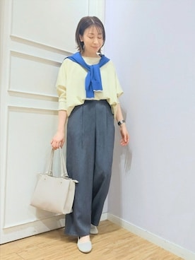 「SHOO・LA・RUE（シューラルー）の【着丈選べる/体型カバー/洗濯機可】さらさらとろん ドルマンブラウス（シャツ/ブラウス、イエロー系）」を使った、miomioさん（レディース・157cm）の春コーディネート